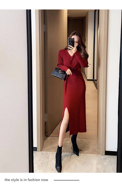 Side-Slit French Vintage Red Knit Dress