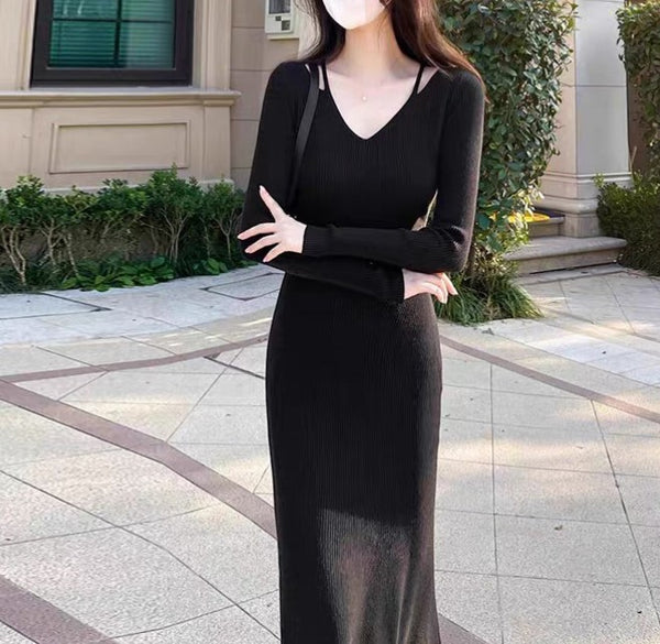 Slim Fit V-Neck Sweater Dress with Bodycon Skirt