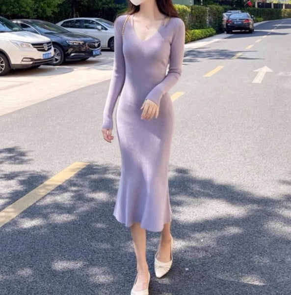 Slim Fit V-Neck Sweater Dress with Bodycon Skirt