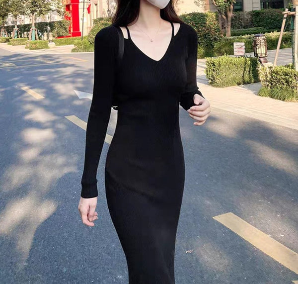 Slim Fit V-Neck Sweater Dress with Bodycon Skirt