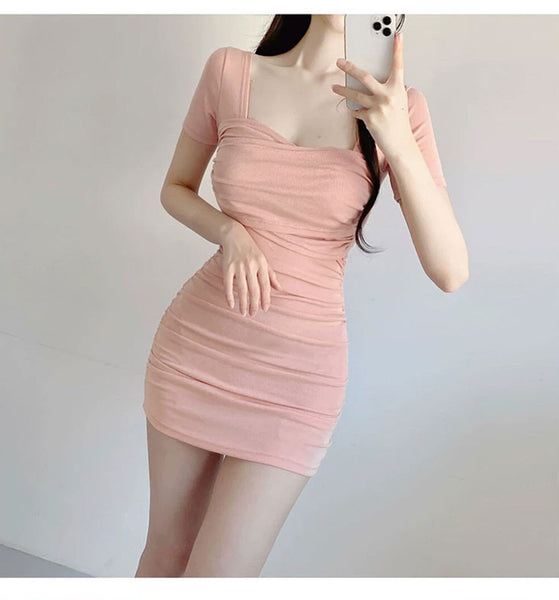 Slim Fit, Elegant Square Neck Pleated Short Sleeve Bodycon Dress