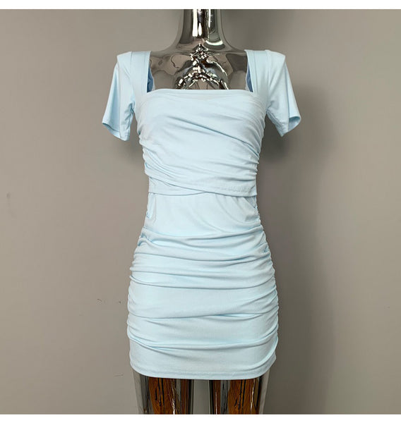 Slim Fit, Elegant Square Neck Pleated Short Sleeve Bodycon Dress