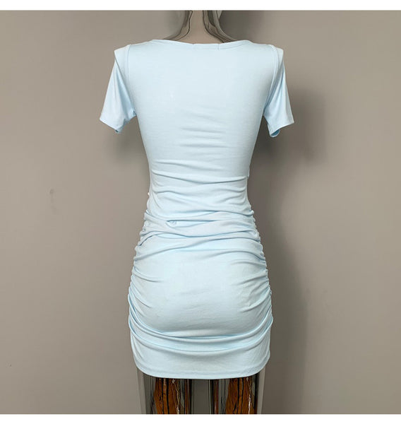 Slim Fit, Elegant Square Neck Pleated Short Sleeve Bodycon Dress